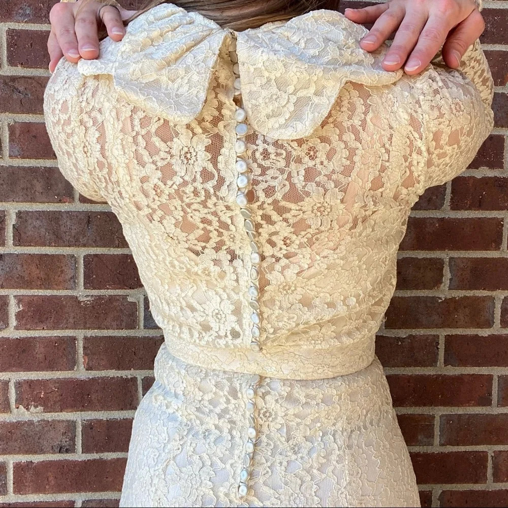 Vintage 1940s homemade lace long sleeve belted wedding dress maxi small XS - Picture 5 of 15